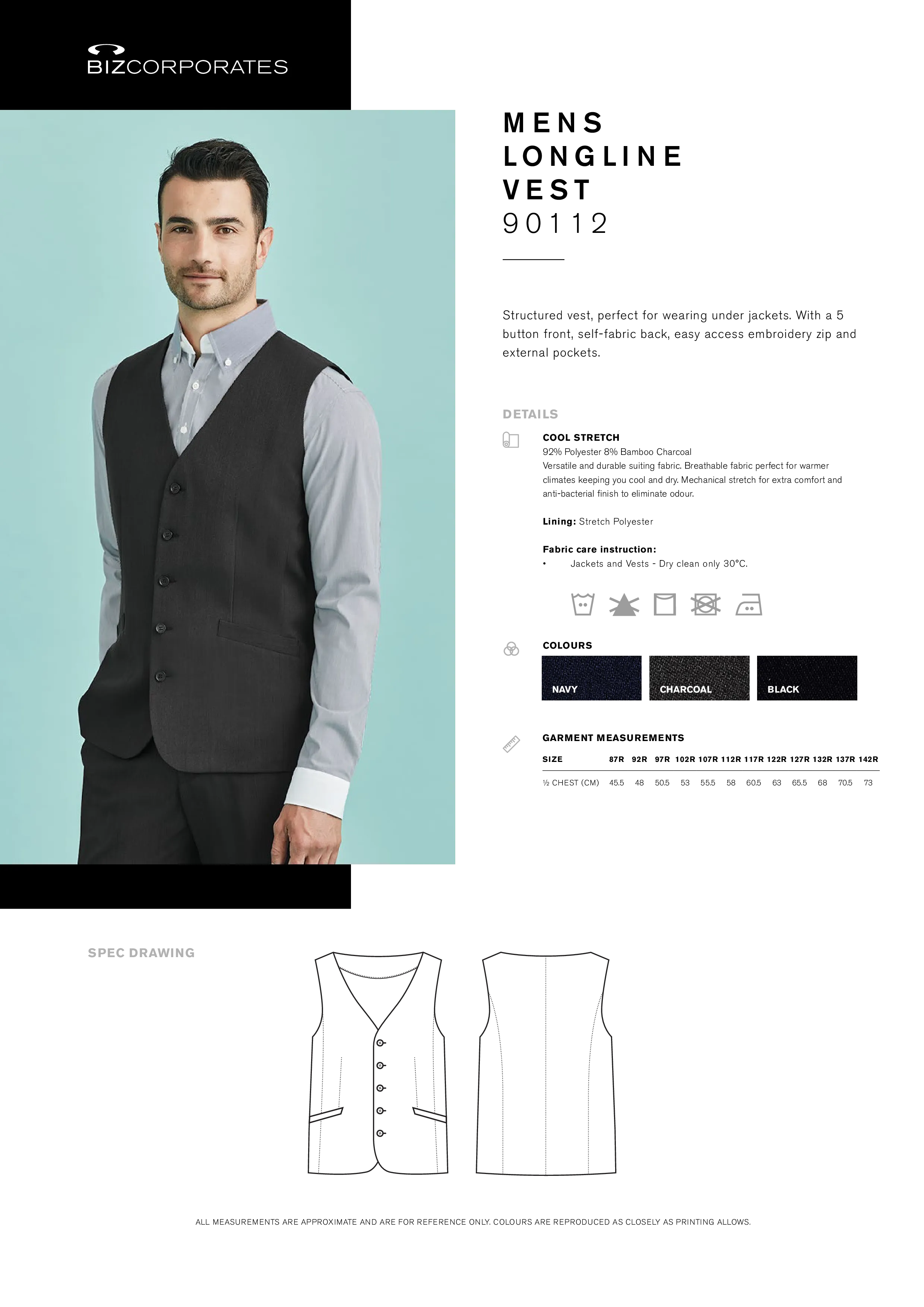 Biz Corporates 90112 Mens Cool Stretch Longline Vest Style Sheet